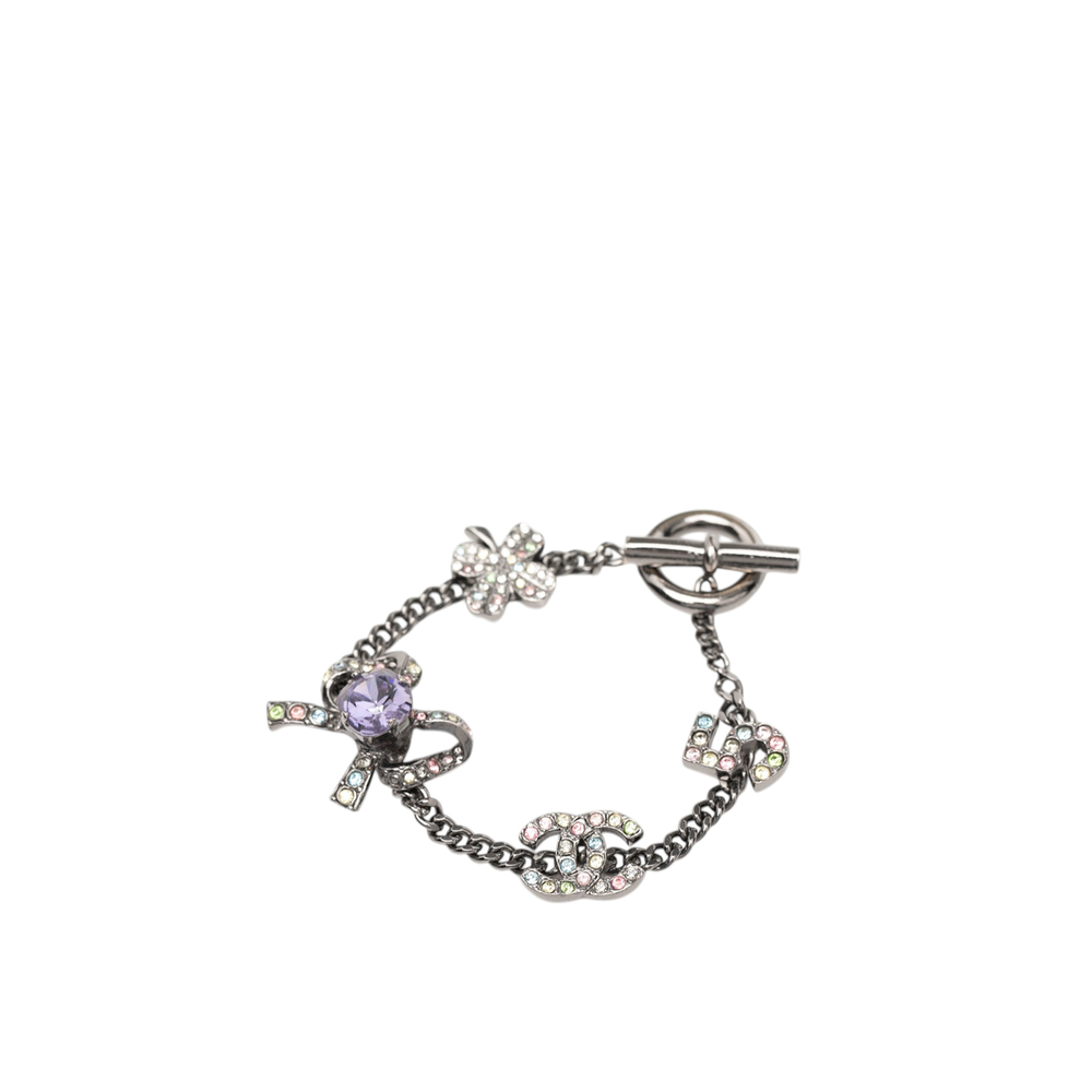 Pre-Loved Chanel Silver Plated Crystal CC No. 5 Bow Charm Bracelet - Picture 2 of 8